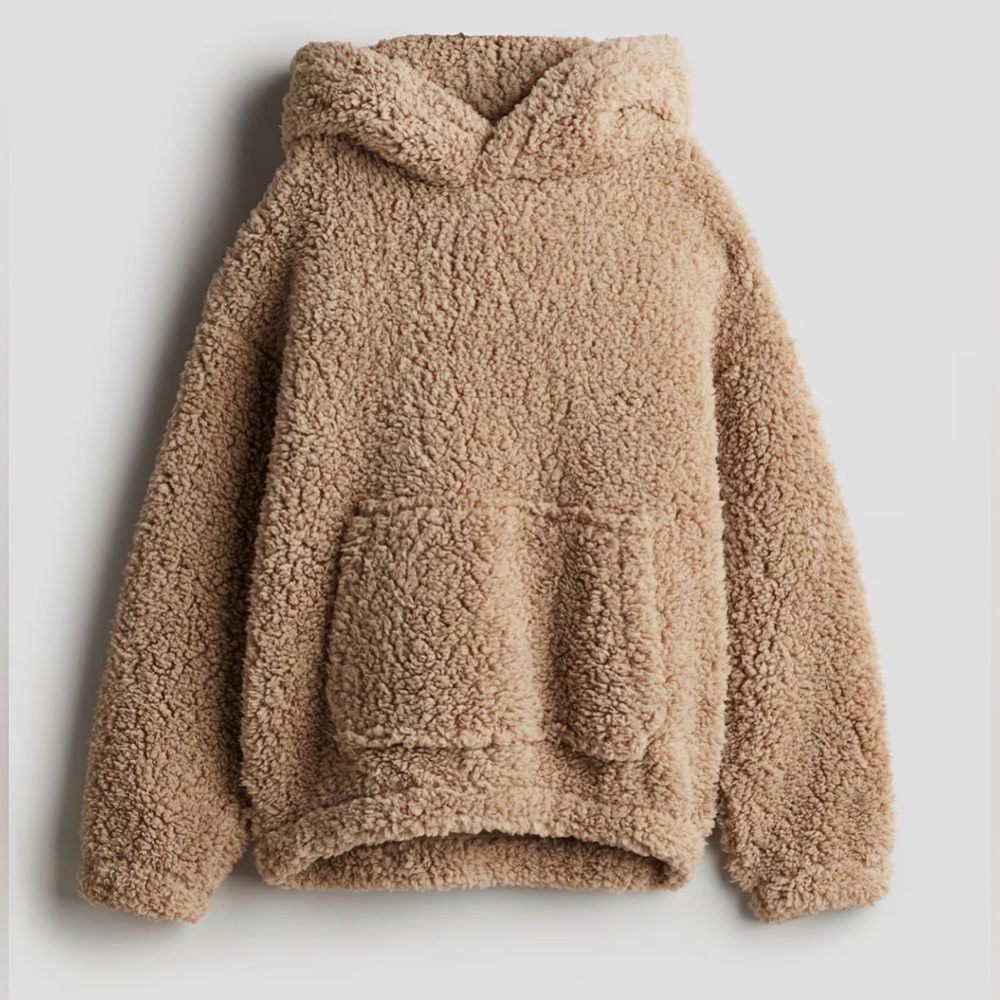 Oversized Teddy Fleece Tan Sherpa Hoodie from H&M, Size M